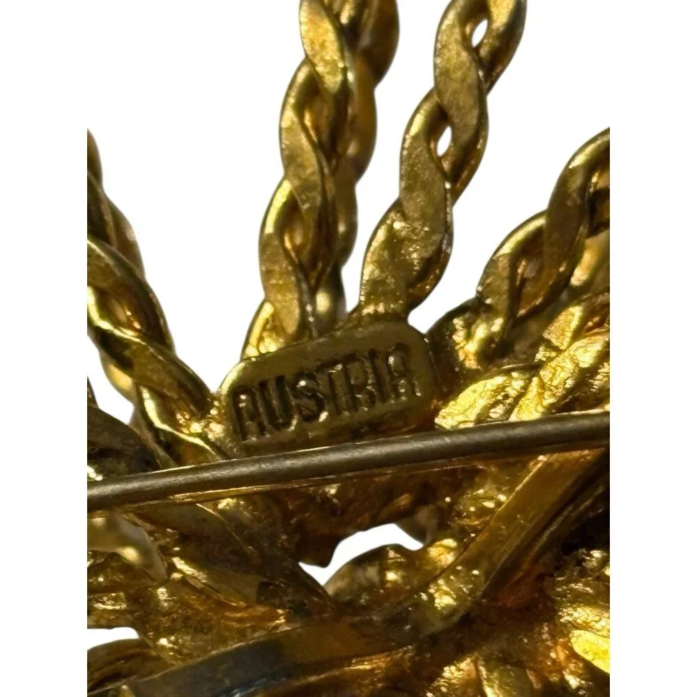 Austria 3D Rope Brooch Pin Starburst Fireworks‎ Atomic Rhinestone Faux Pearl VTG